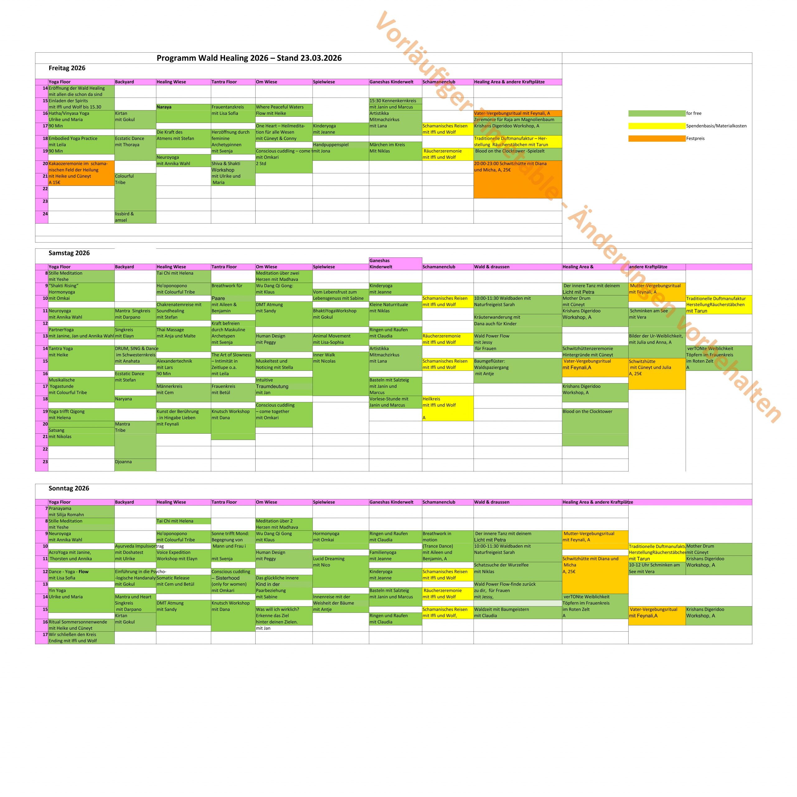Programm Wald Healing Festival Timetable